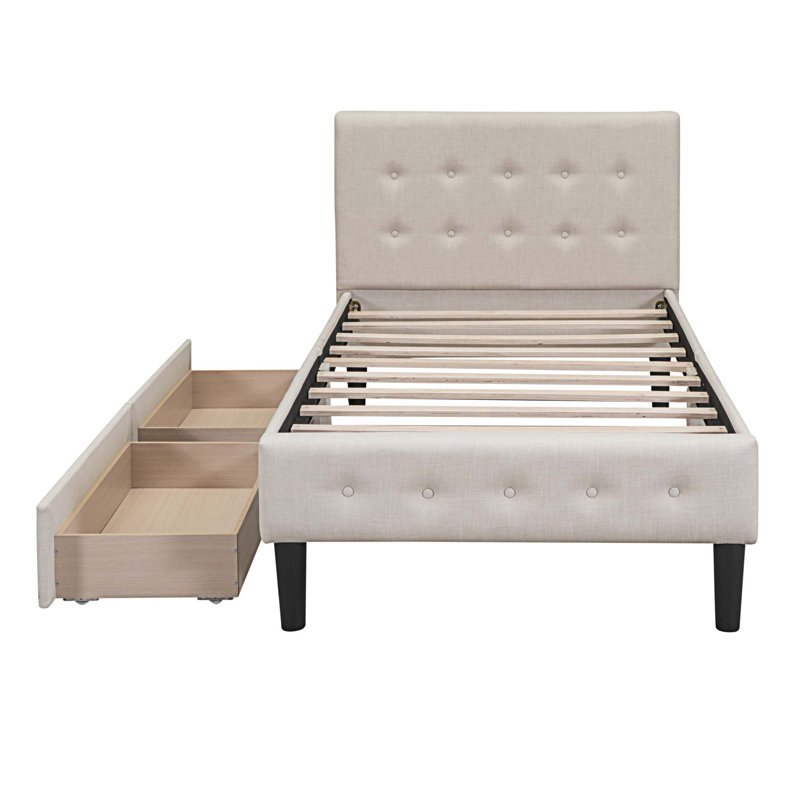Lit plateforme simple avec rangement capitonné, Beige