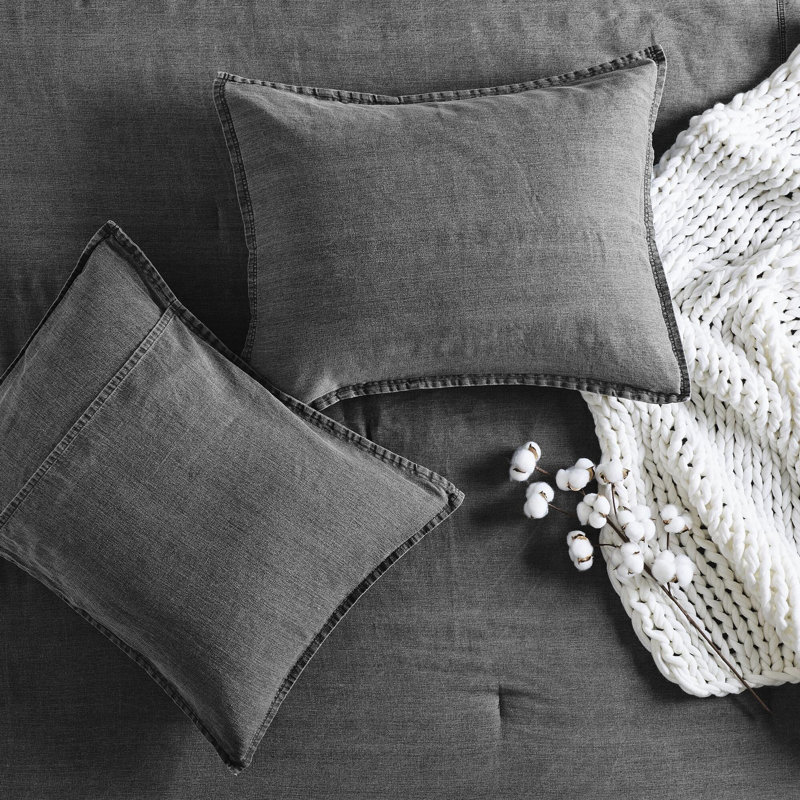 Édredon pour lit simple / simple TG 2 pièces en gris, 100% coton sergé délavé, douceur, tout, design polyvalent pour tout décor, standard 100, coton surdimensionné, sensation douillette, élégance intemporelle,