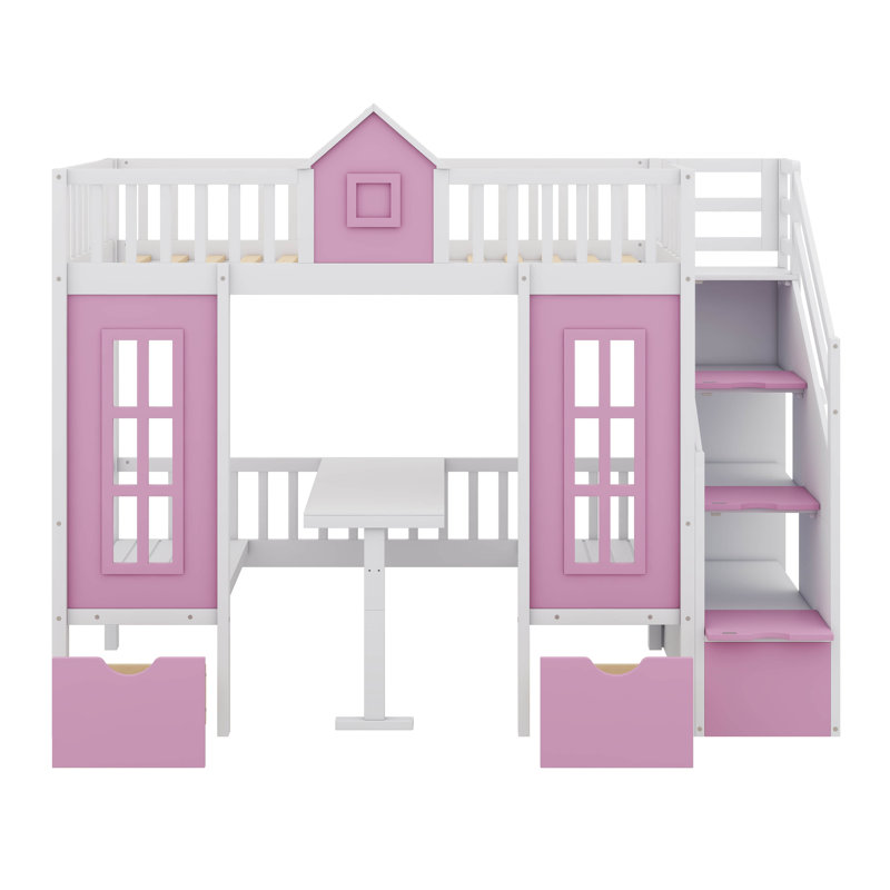Lit superposé avec table interchangeable, lit superposé se transformant en lit supérieur et bureau en duvet, Rose