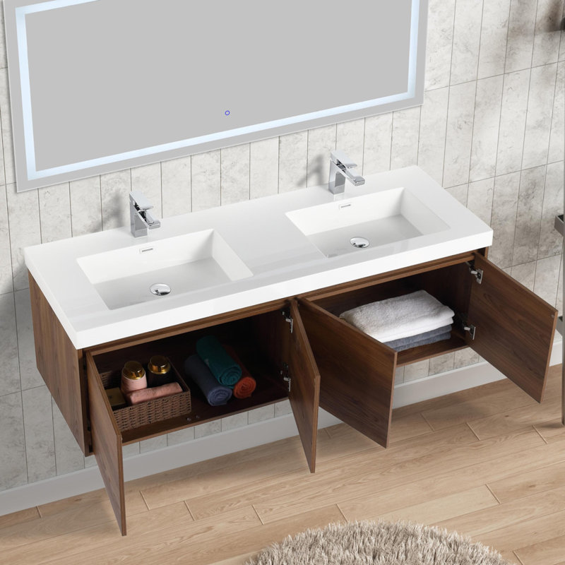 Ensemble de meuble-lavabo mural double 60 po Bern, Noyer