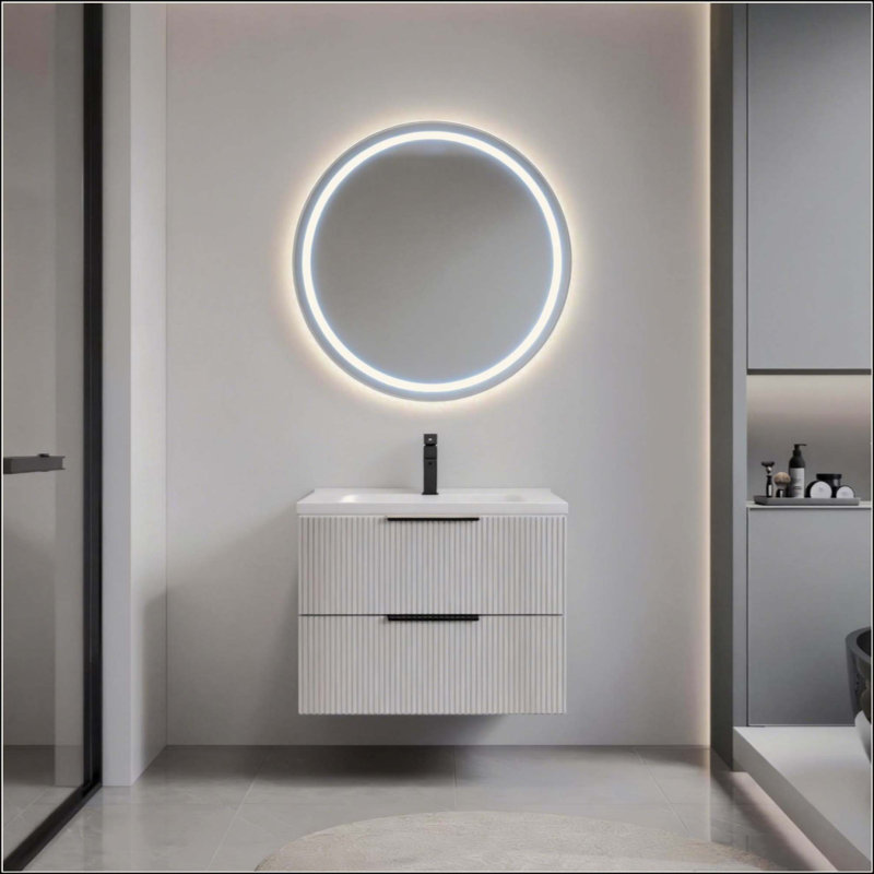 Meuble-lavabo de salle de bain avec lavabo en céramique - Meuble-lavabo mural flottant cannelé avec tiroirs, moderne, Grey
