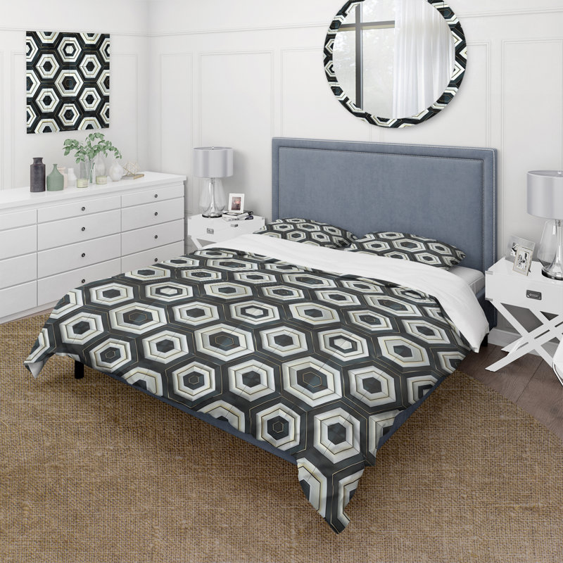 Ensemble de housse de couette noir et blanc Hexagon V - Mid-Century, Housse de couette très grand + 2 taies décorativ