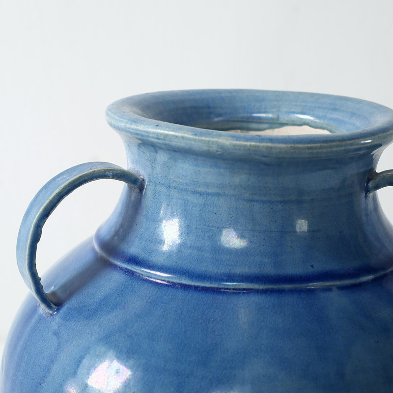 Approx. 11 Inches High Blue-Green Vase with Three Handles (4.7" Opening)