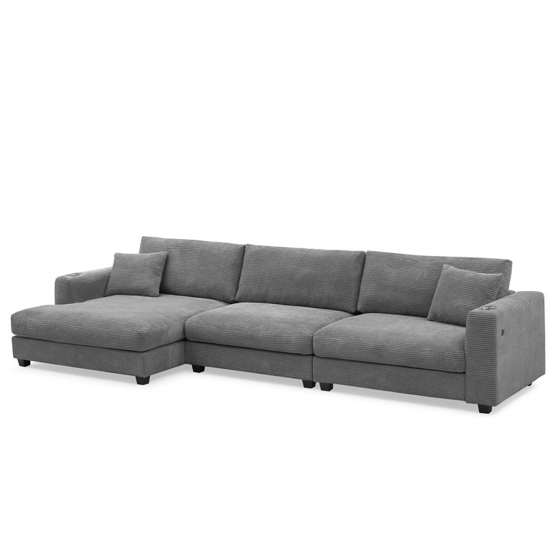 Modern L-Shaped Sectional with USB Port and Cup Holder, Gray Polyester