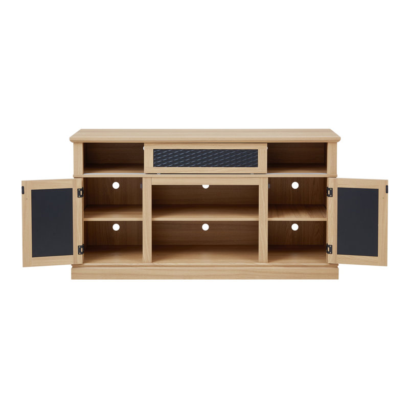 Embossed Pattern TV Stand, TV and Media Console with Open and Closed Storage Space and sliding door, Light Oak