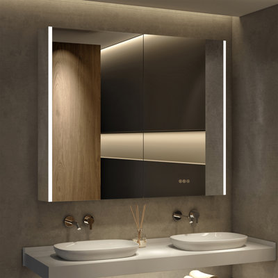 32" H X 36" W Rail Rectangular Silver Aluminum Frame Recessed/Surface Mount Medicine Cabinet with Anti-Fog Mirrors, 3 Color Temperatures Dimmable Lights and Adjustable Glass Shelves