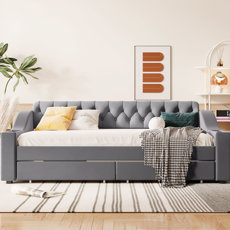 Lit de jour gris rembourré avec rangement pour accoudoirs et option de couchage élégante, Gris
