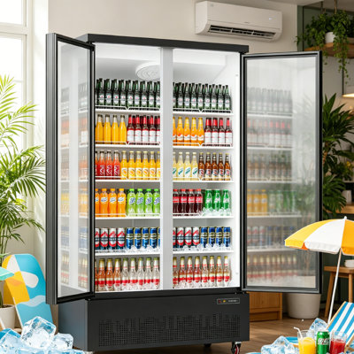 Réfrigérateur commercial de 35,3 pieds cubes avec porte vitrée, P 49,21 po x l 27,56 po x H 82,28 po, réfrigérateur à tablettes réglables avec congélateur, petit réfrigérateur pour dortoir de bureau de chambre à coucher.