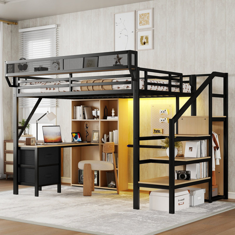 Lit mezzanine double avec bureau et station de charge, 7 espaces de rangement ouverts et éclairage à DEL, conçu pour les enfants et les adolescents, noir (date d’arrivée prévue le 2026/6/24)