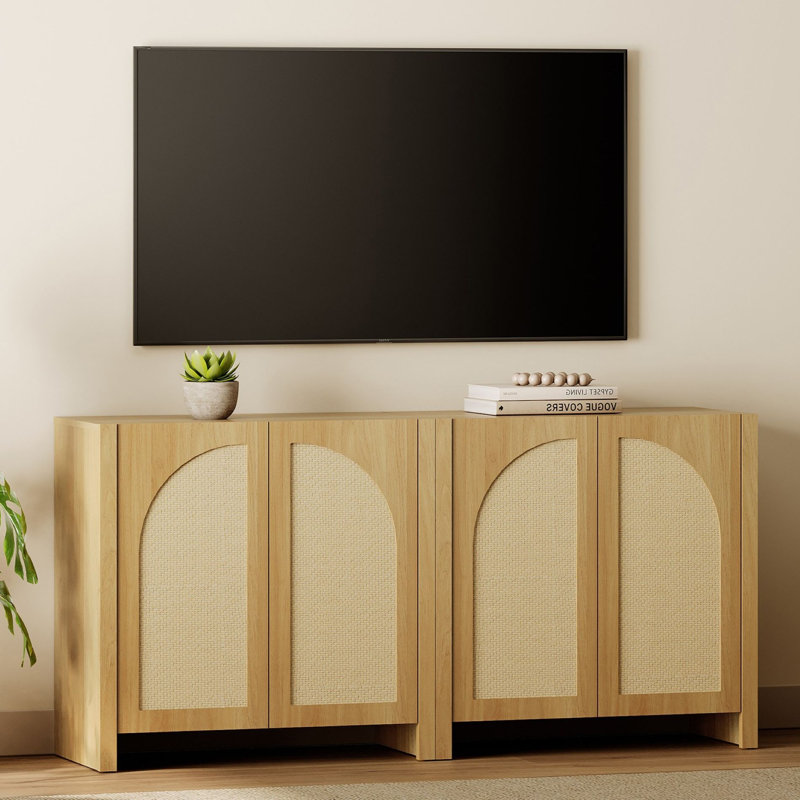 Meuble télé en rotin de style ferme, largeur 160 cm (63 po), compatible avec les téléviseurs jusqu'à 190 cm (75 po), centre multimédia en bois de style wabi-sabi avec tablette réglable et rangement pour le salon, couleur noyer
