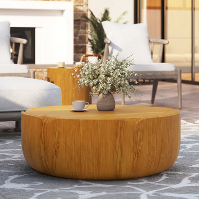 35.63" Round Outdoor Indoor Coffee Table, Modern Wood Grain Drum Centre Table, Sturdy MGO (Magnesium Oxide) Waterproof, No-Assembly Table for Patio, Garden, Backyard, Living Room (Wood Colour)