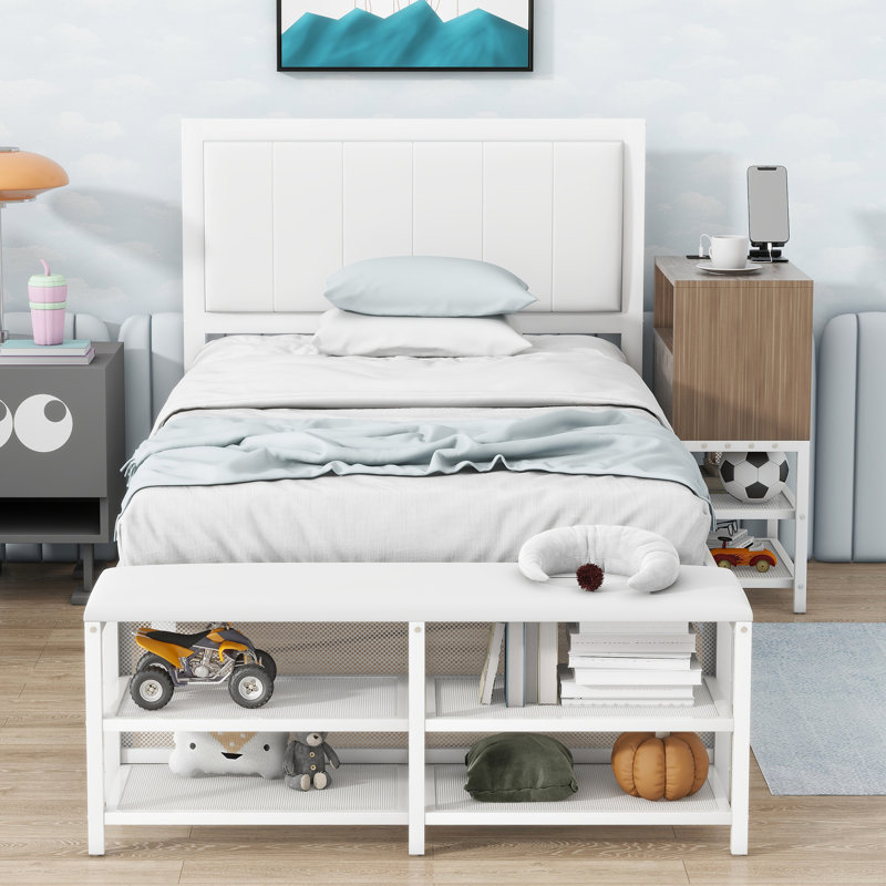 Lit plateforme simple en métal avec finition blanche et rangement, Lit simple, Blanc