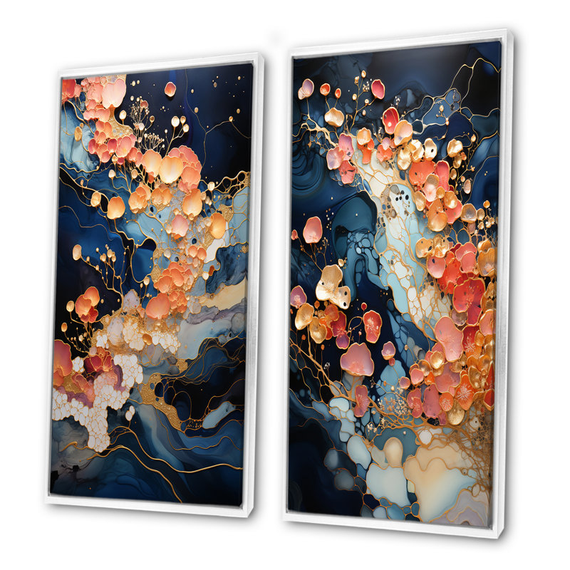 Rose et bleu tourbillonnant, peinture fluide I - ensemble de 2 reproductions d'art sur toile, Cadre flottant blanc