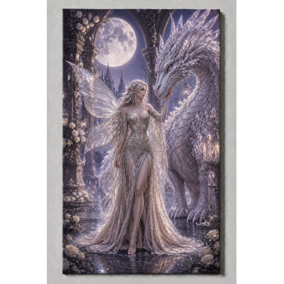 Large Fairy Princess and White Dragon Wall Art Fantasy Castle Decor Ethereal Fairycore Artwork for Bedroom Living Room Office 24x36 Inch Canvas Print - Ready to hang