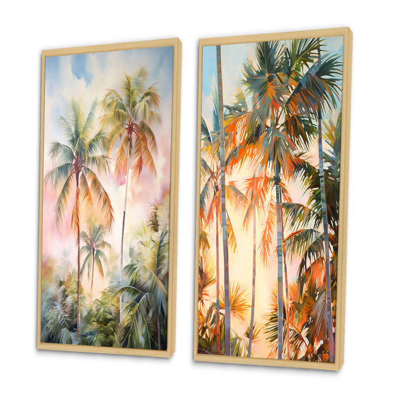Palmiers, coucher de soleil romantique, ensemble de 2 pièces d'art mural palmiers et palmiers, Encadrement brun