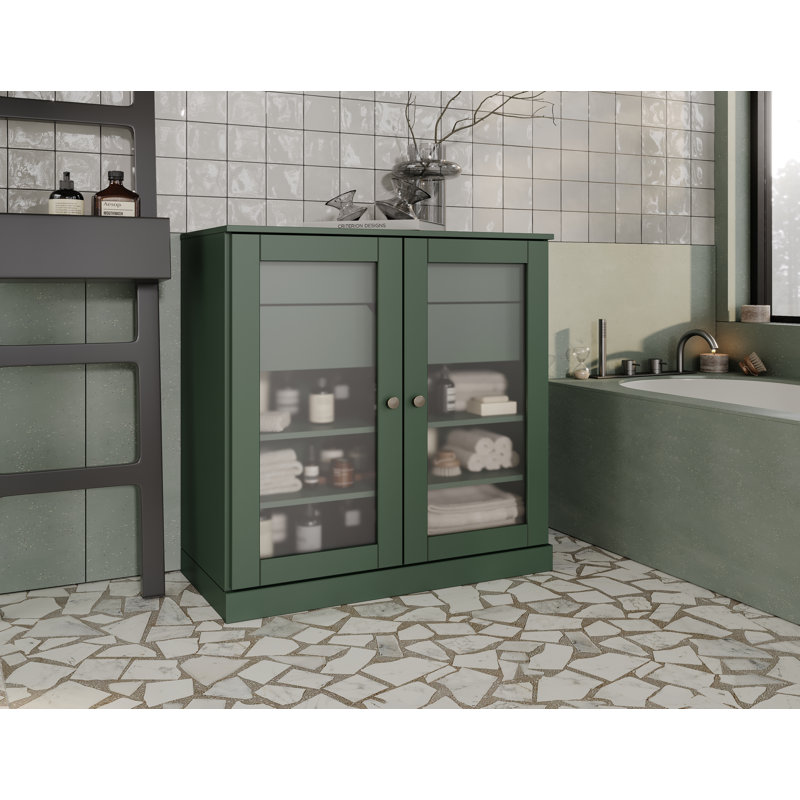 Armoire de salle de bain 100% bois massif 32 po avec portes en verre givré, 2 tiroirs et tablettes réglables, Vert