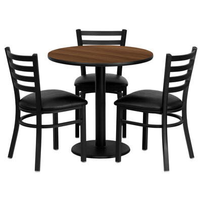 Clark 30" Round Walnut Laminate Table Set with 3 Metal Chairs - Vinyl Seat