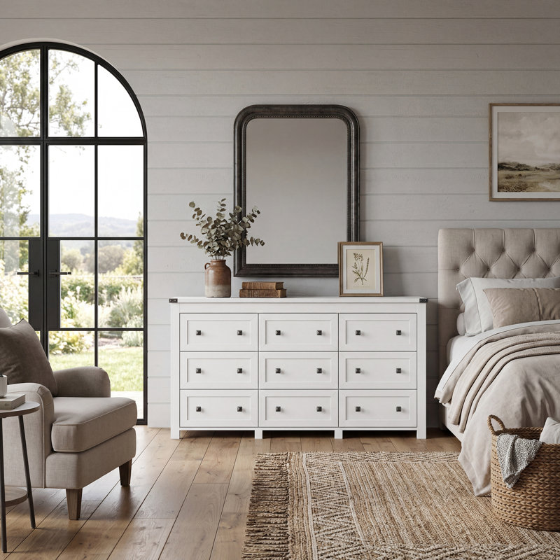 Commode 9 tiroirs pour chambre à coucher, commode large moderne, rangement en bois, Blanc / robuste