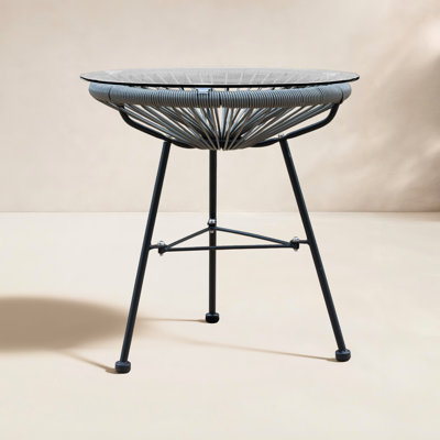 Alamo Wicker Round Side Table with Glass Top & Metal Legs