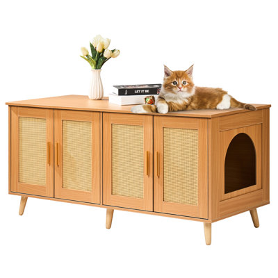 Cat Litter Box Furniture Enclosure For 2 Cats. Hidden Design With Doors And Aluminum Alloy Magnetic Suction Handle. 47.2x19.7x21.7in Space, 4 Windows. Top Can Hold 150lb, Bottom 100lb. P2 Particle