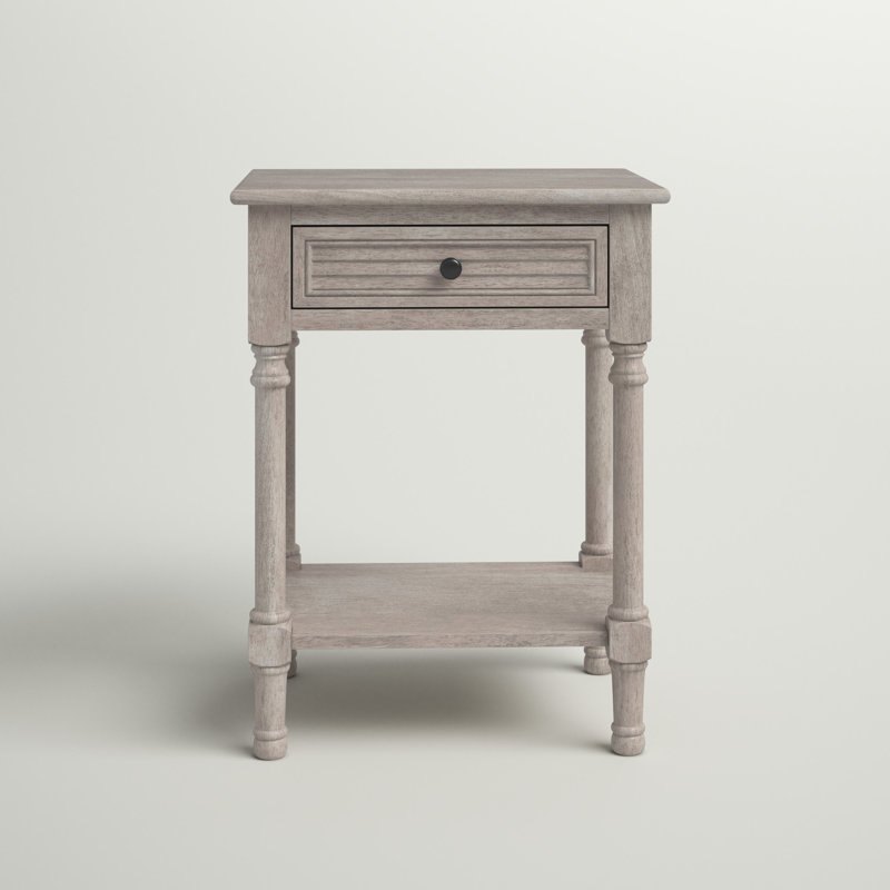 Greige Turned-Leg 22" Wood & Stone Accent Table with Drawer