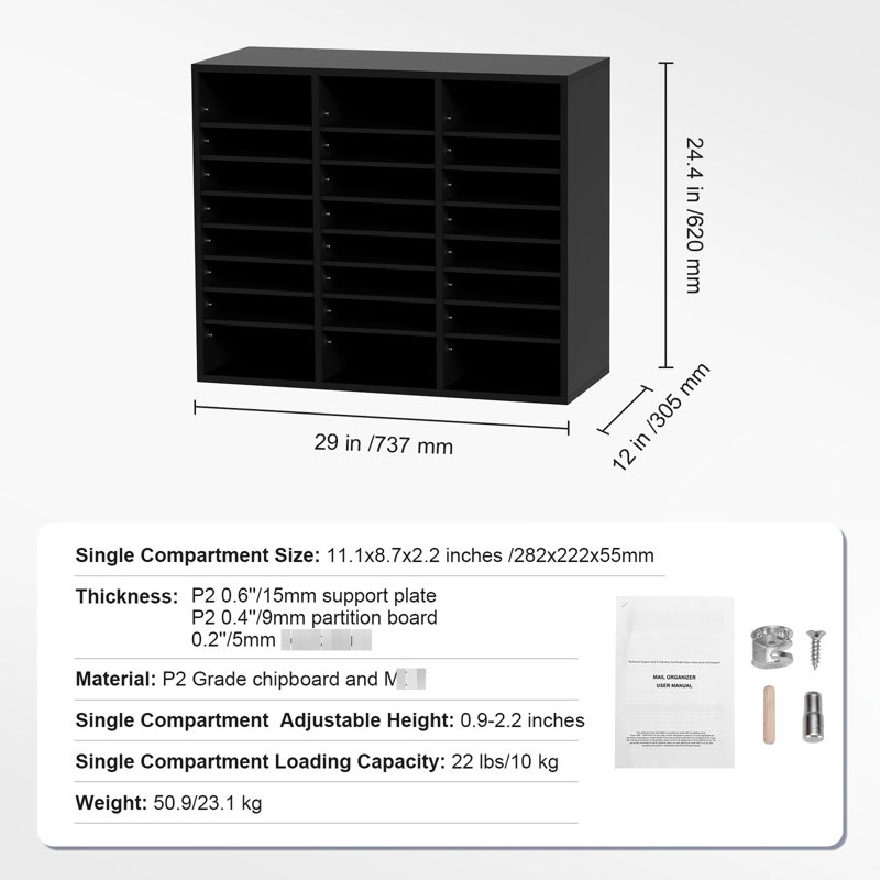 Organisateur de documents en bois noir, 24 compartiments, trieur de dossiers avec tablettes amovibles, fente pour boîtes aux lettres