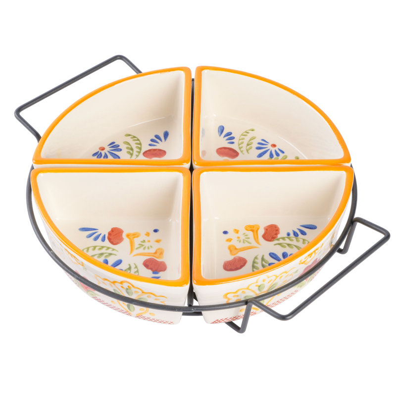 Hand Painted Dinnerware Set, 4-Section Tidbit Dish W/Metal Rack, Assorted