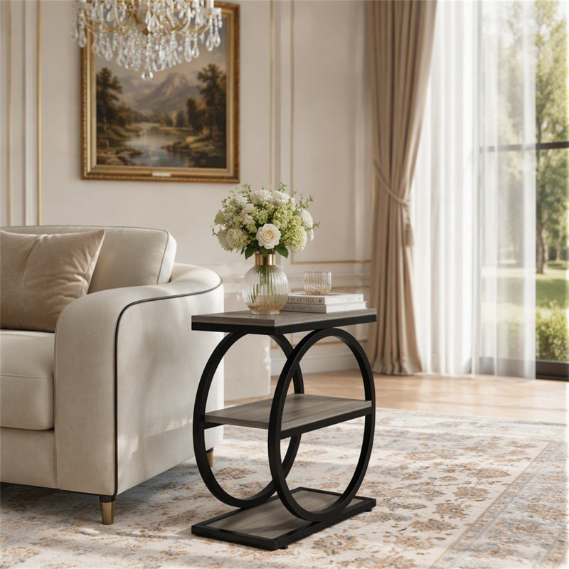 Table de bout à 3 niveaux, table d'appoint industrielle avec structure ronde en métal, Grey / Black, Grey, Black