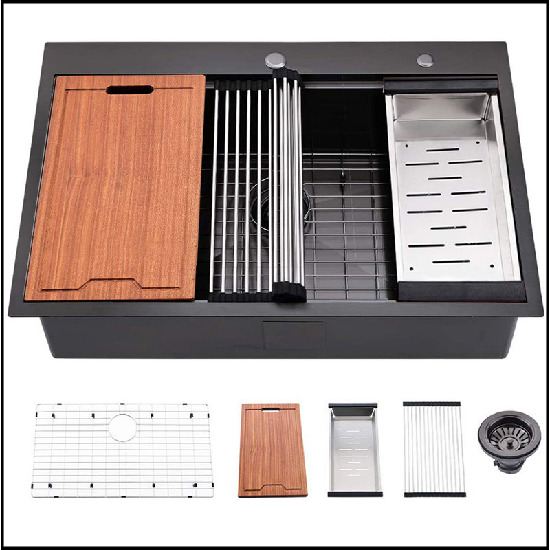 Évier de cuisine encastré 33 po R10 à cuve simple en acier inoxydable avec rebord intégré et accessoires (paquet de 5)