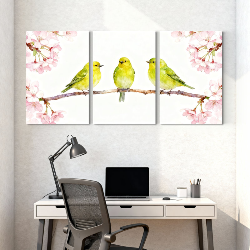 «Birds Birds On Branch With Cherry Blossoms», ensemble de 3 impressions sur toile, H 18 po x l 36 po