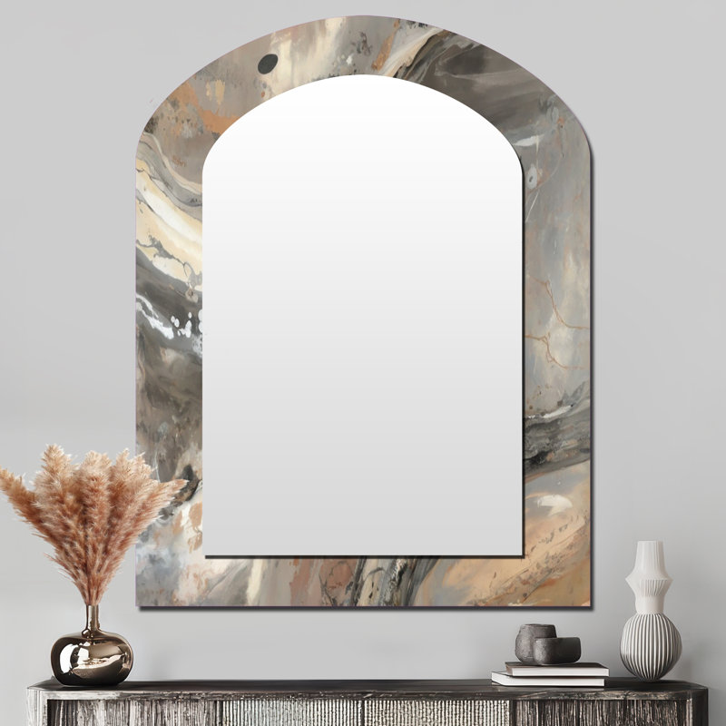 Morning Effervescence I - Abstract Arch Mirror, Grey Asymmetrical Decorative Wall Mirror, Printed Metal Art, 43" x 33"