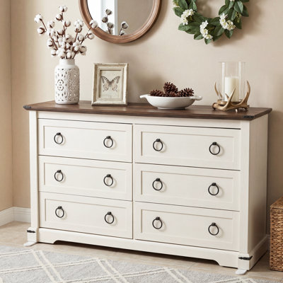 Farmhouse Wooden 6 Drawers Dresser for Bedroom, Vintage Wide Chest of Drawers for Living Room,  Wood Storage Dressers Organizer