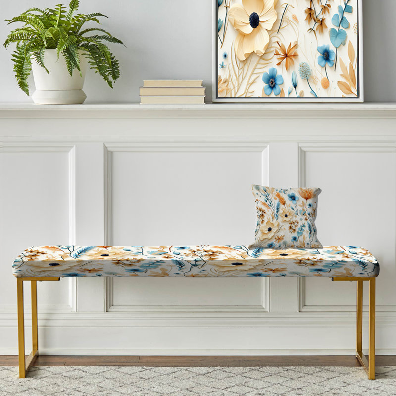 Floral Upholstered Gold Bench, Coastal Retreat Ii Boho Pattern