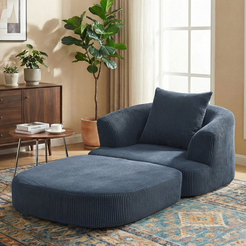 Fauteuil demi-tonneau d'appoint convertible surdimensionné rembourré, Velours côtelé bleu