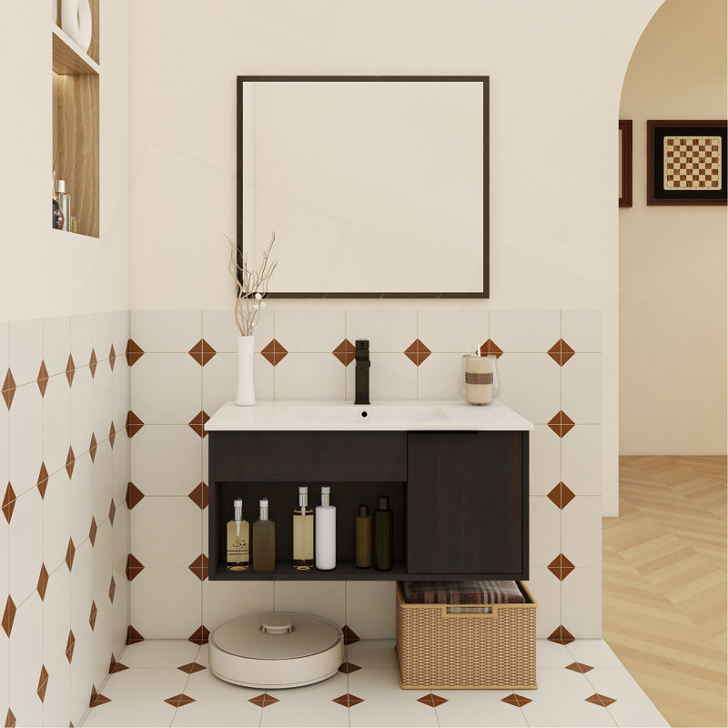 Meuble-lavabo flottant mural 30 po avec lavabo en céramique - Armoire moderne en chêne foncé avec tablette ouverte et porte à fermeture en douceur, conception peu encombrante (robinet et drain non inclus)
