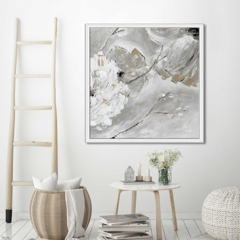 «Silver Sun Garden II» par Katrina Craven - Peinture, Cadre flottant blanc, H 27,5 po x l 27,5 po x P 2 po