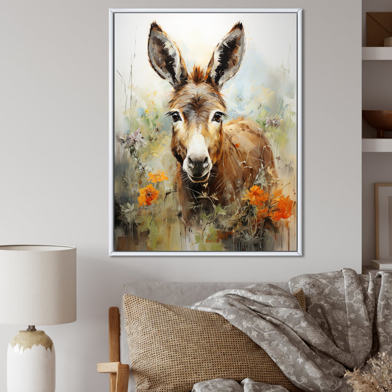 Donkey Flower Meadow - âne, art mural, Cadre flottant blanc, H 44 po x l 34 po x P 1,5 po
