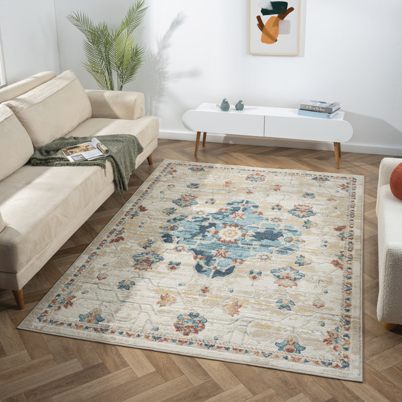 Tapis bleu / ivoire Evelyn Performance, Rectangle 5 pi 3 po x 7 pi 6 po