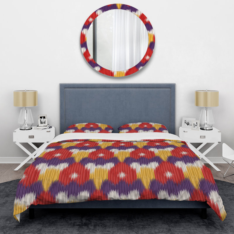 Ensemble de housse de couette à motif ikat rouge et jaune Ogee, Housse de couette simple + 1 taie décorative stan
