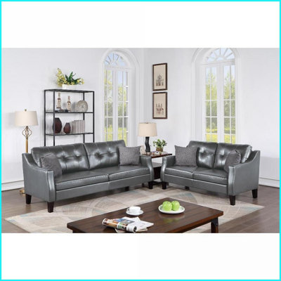 Canapé contemporain 2 pièces en similicuir gris Ensemble de causeuse - capitonné avec coussins pour le salon | Gris | Similicuir | Bois