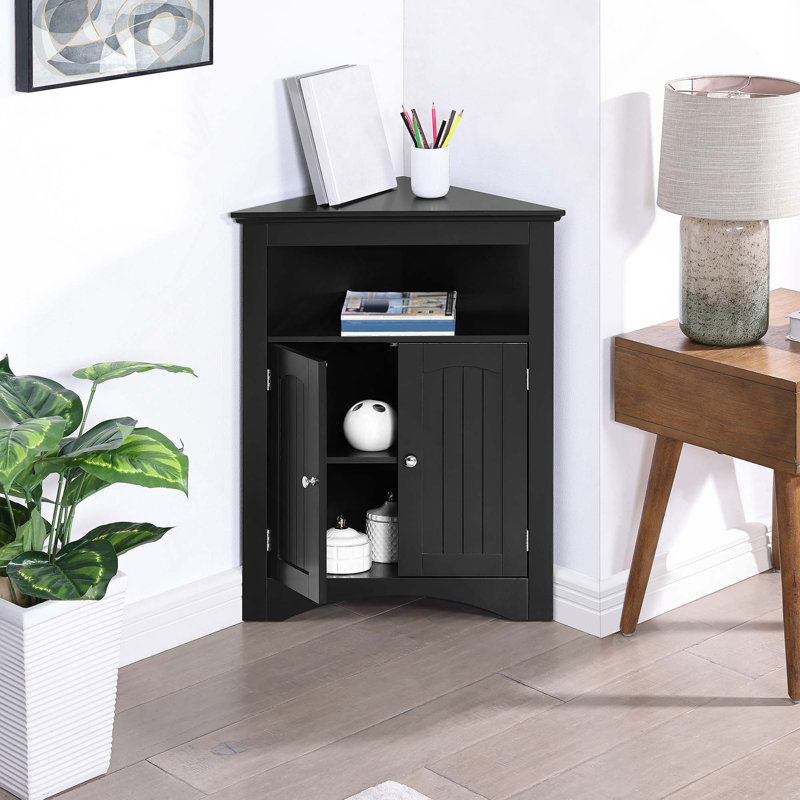 Floor Corner Sideboard Cabinet With Doors, Shelves & Open Compartments For Kitchen, Living Room, Bathroom, Black