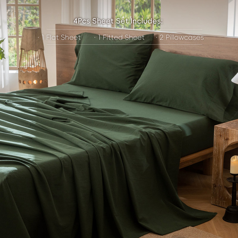 100% Washed Cotton Sheet Set Extra Deep Pocket Linen Like Textured, King Sheet Set with 2 Pillowcases, Forest Green