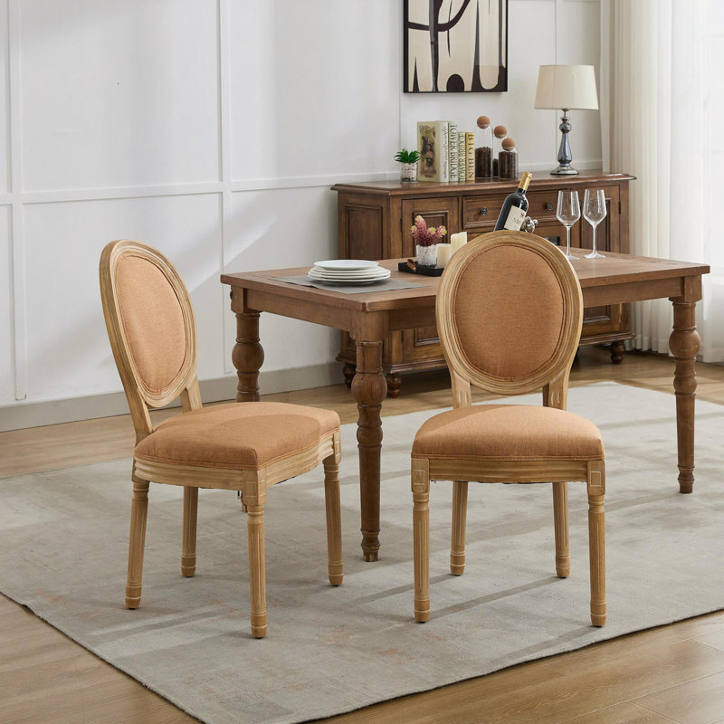 Chaise de salle à manger avec cadre en bois massif et tissu de lin, ensemble de 2, Tanné