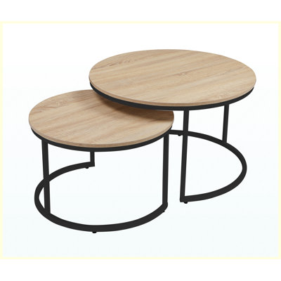 Ensemble de tables basses gigognes rondes 31,5 po 2 pièces, finition bois de chêne naturel, industriel moderne