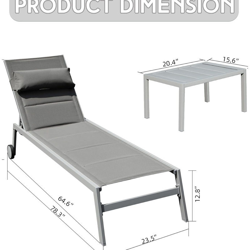 3 Outdoor Lounge : Aluminum Pool Chairs With . Side Table & Movable Wheels. Adjustable Reclining Positions. Gray For Yard, Balcony, Pool. Comfortable Back Chaise Padding. Recliner. Poolside, Beach,