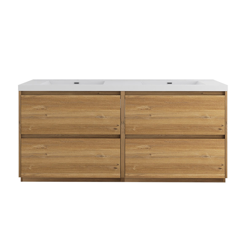 Meuble-lavabo double autoportant 72 po avec plateau en résine intégré 72 po, Chêne naturel