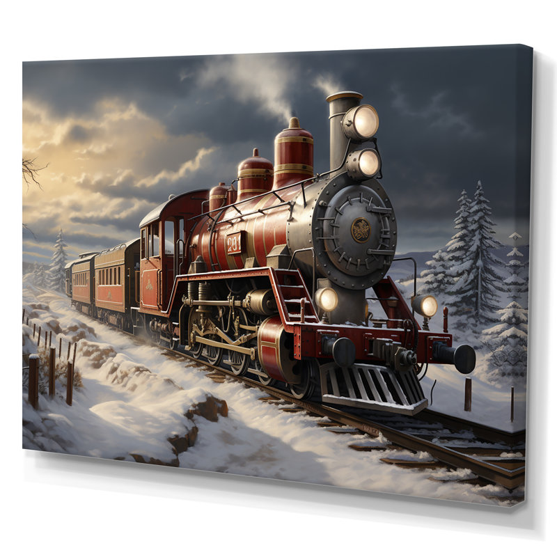 Train de Noël campagne d'hiver - train, art mural, Toile tendue, H 34 po x l 44 po x P 1,5 po