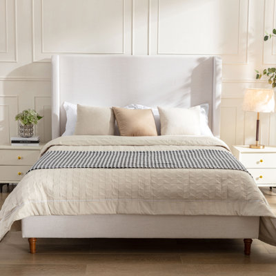 Upholstered Queen Bed Frame Featuring 54" Headboard, Chenille Cover, Metal Frame, Brown Oak Feet With Walnut Effect, Quick - Time Assembly Tall Headboard Canvas Upholstery, Side Rails, Solid In