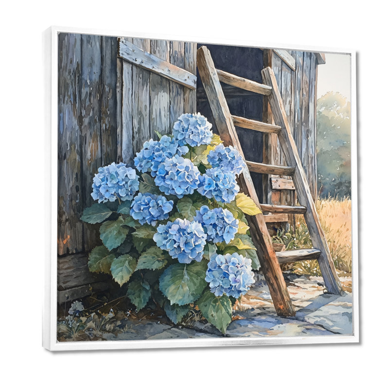 Hortensias par l'échelle de la grange - Art mural floral, H 30 po x l 30 po, Impression encadrée flottante, Blanc