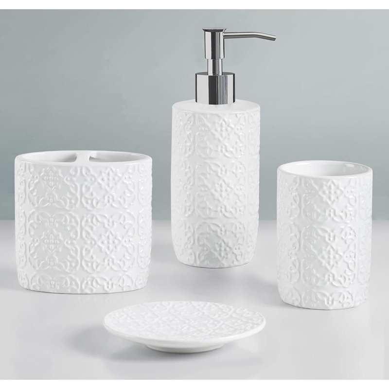 Ceramic Bathroom Set (Embossed Damask Medallion): Dispenser, Toothbrush Holder, Tumbler, Trinket Dish, White